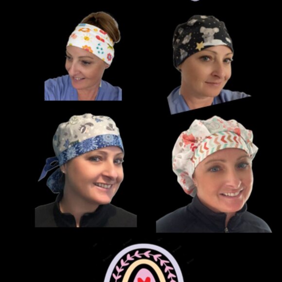 Womens Bumble Bee Aqua Scrub Cap Ponytail Surgical Hat, Silk Ribbon Ties - Picture 6 of 7